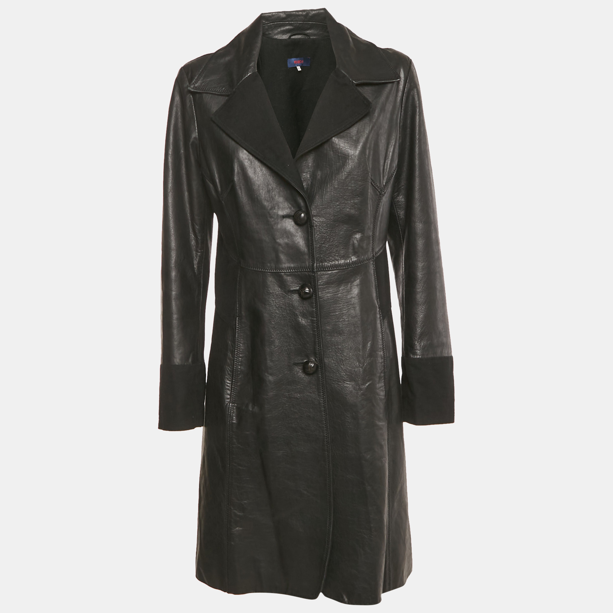 

Kenzo Jeans Black Leather and Cotton Trim Coat M