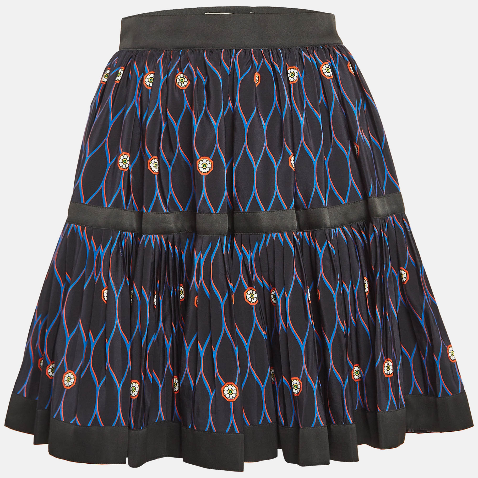 Pre-owned Kenzo X H & M Black Printed Silk Pleated Mini Skirt S