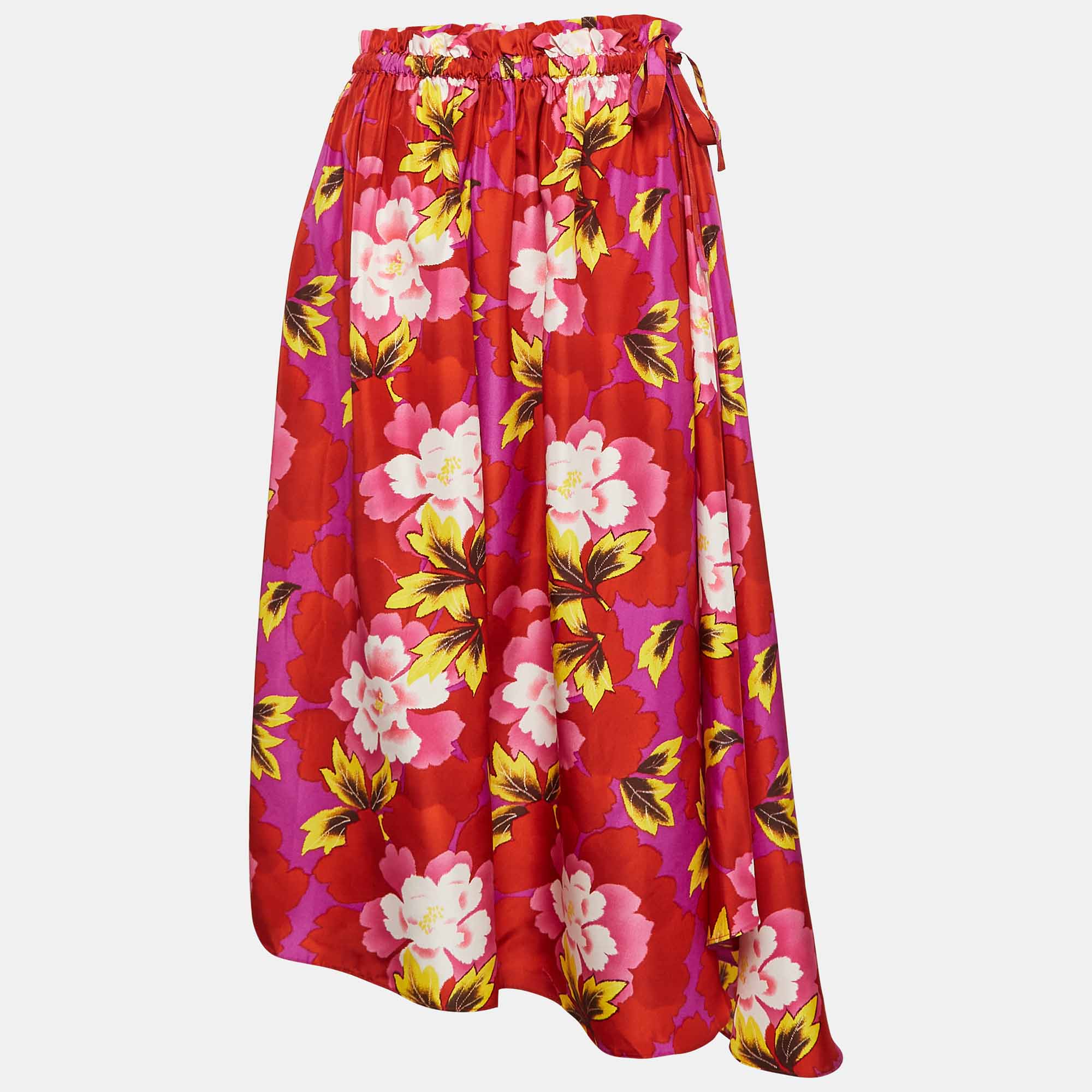 

Kenzo Red Floral Print Silk Gathered Midi Skirt M