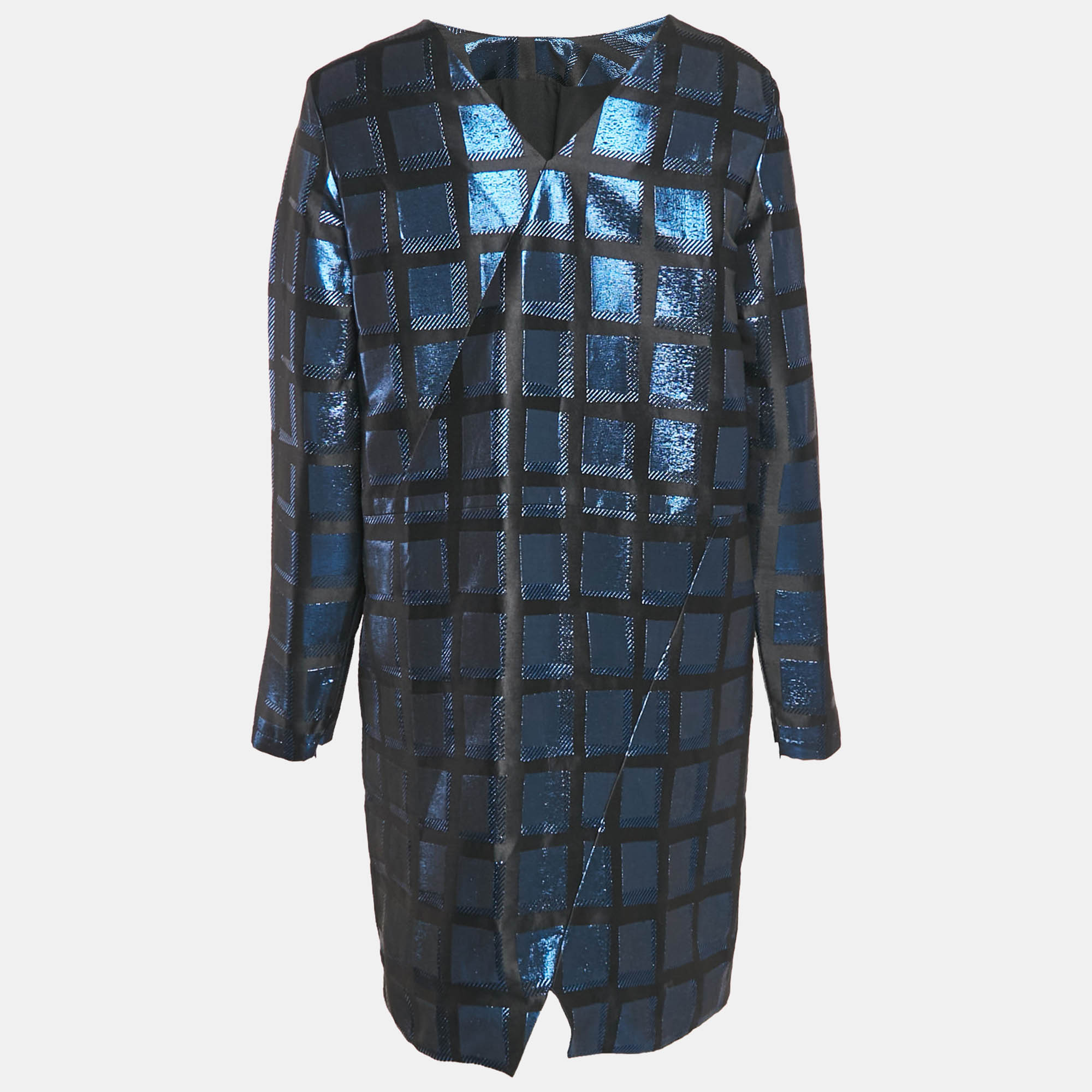 

Kenzo Metallic Blue/Black Square Jacquard V-Neck Shift Dress L