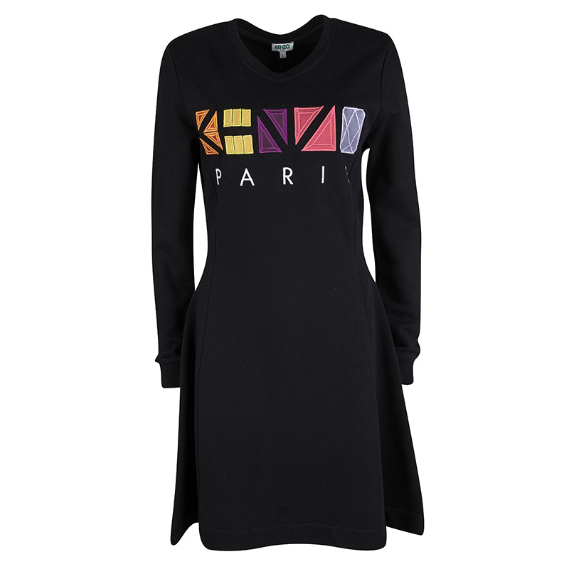 Kenzo Black Embroidered Logo Detail Long Sleeve Sweatshirt Dress L