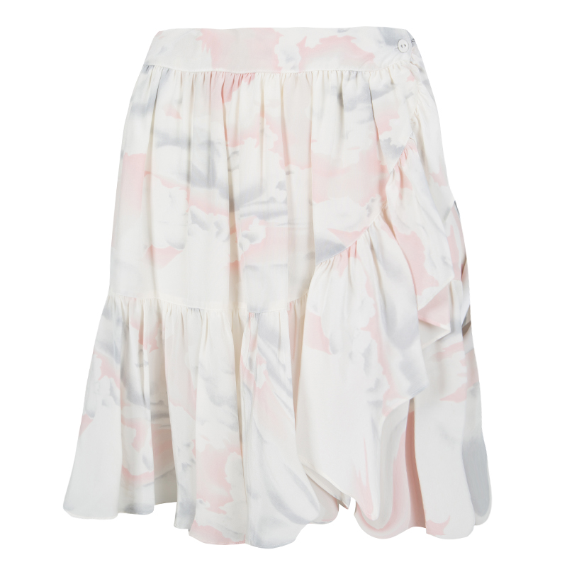 Pre Owned Kenzo Off White Cloud Printed Silk Ruffled Wrap Skirt M