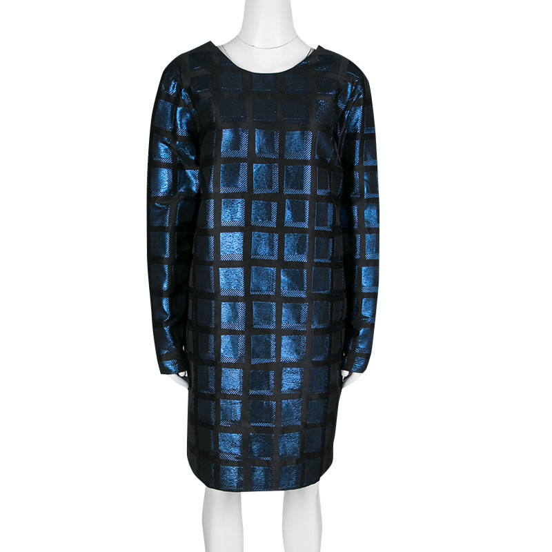 

Kenzo Blue and Black Metallic Square Jacquard Long Sleeve Shift Dress