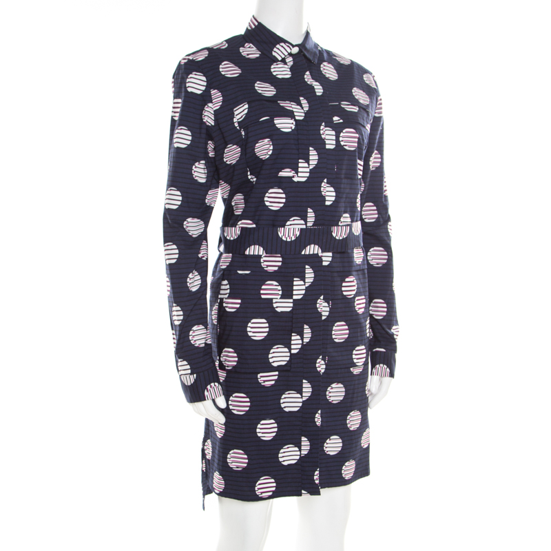 

Kenzo Navy Blue Dot and Stripe Printed Cotton Belted Shirt Dress