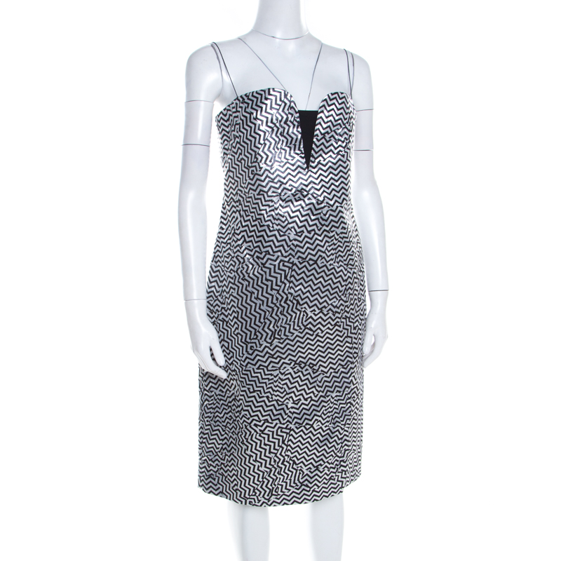 

Kenzo Silver and Black Zig Zag Pattern Jacquard Strapless Dress, Metallic