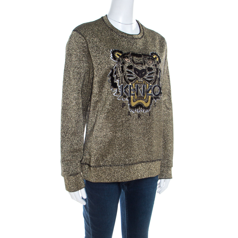 

Kenzo Metallic Gold Knit Iconic Embroidered Tiger Motif Sweatshirt