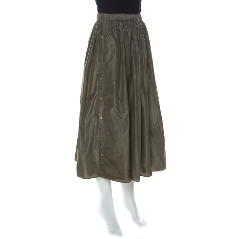 

Kenzo Olive Green Silk Blend Military A-line Skirt