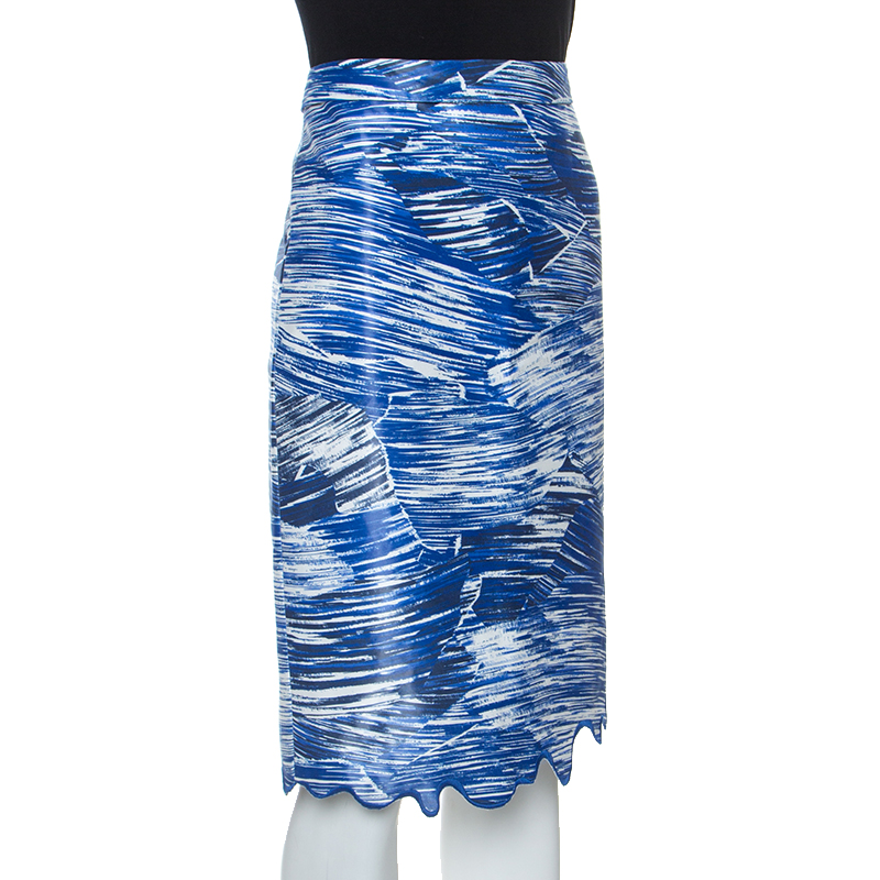 

Kenzo Blue Broken Waves Printed Silk Embroidered Hem Pencil Skirt