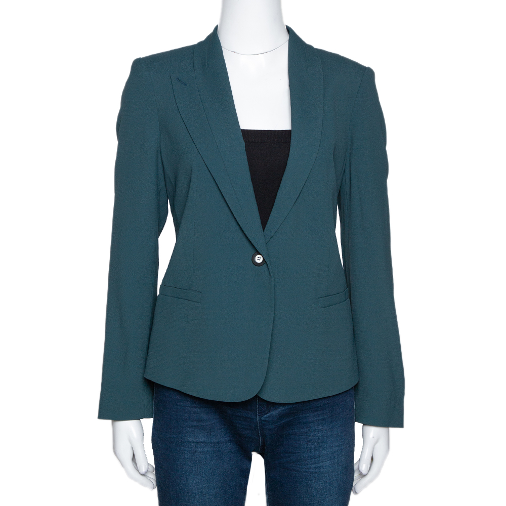 Pre Owned Kenzo Forest Green Crepe Gathered Detail Single Button Blazer M