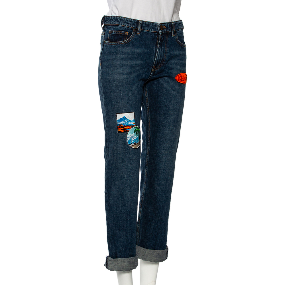 

Kenzo Blue Denim Patch Detail Straight Leg Jeans