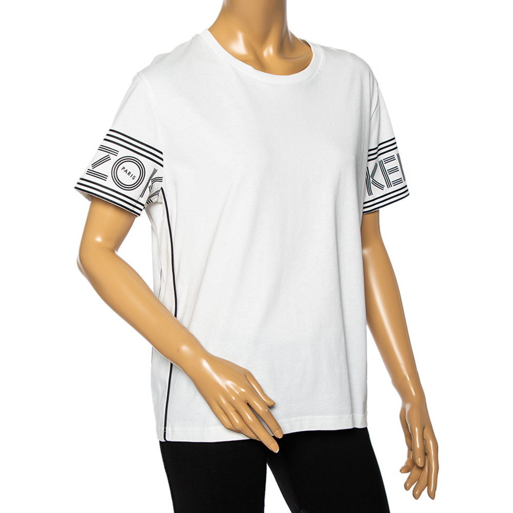 

Kenzo White Cotton Knit Logo Print Sleeve T-Shirt
