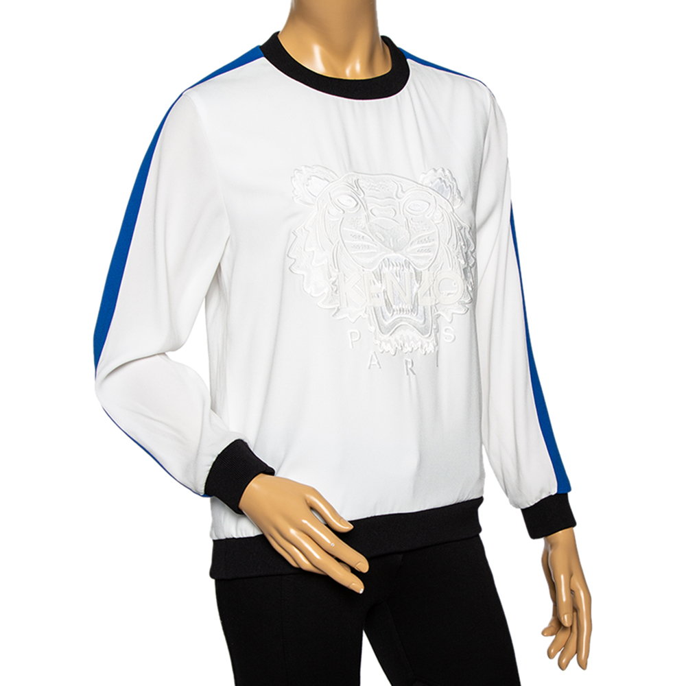 

Kenzo White & Blue Paneled Crepe Tiger Embroidered Rib Knit Trimmed Jumper
