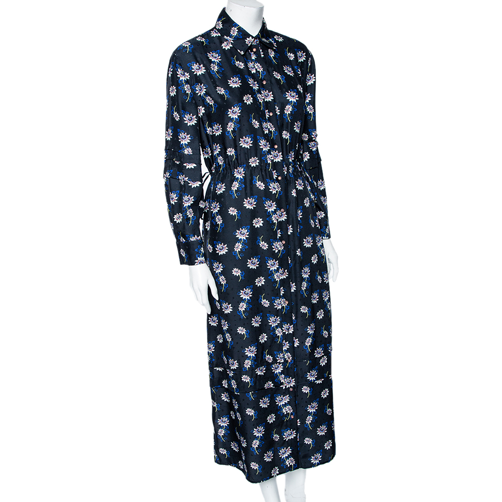 

Kenzo Midnight Blue Floral Printed Silk Shirt Dress