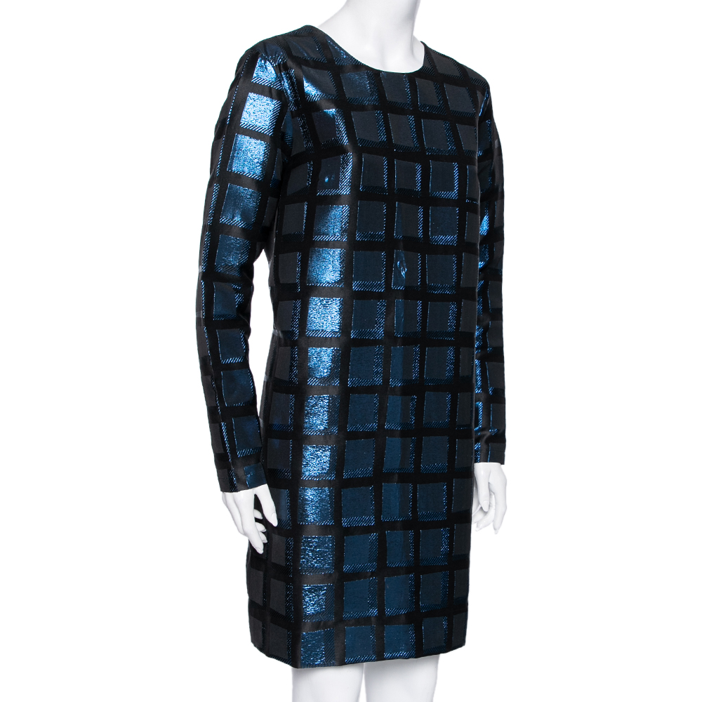 

Kenzo Blue-Black Metallic Square Jacquard Long Sleeve Shift Dress