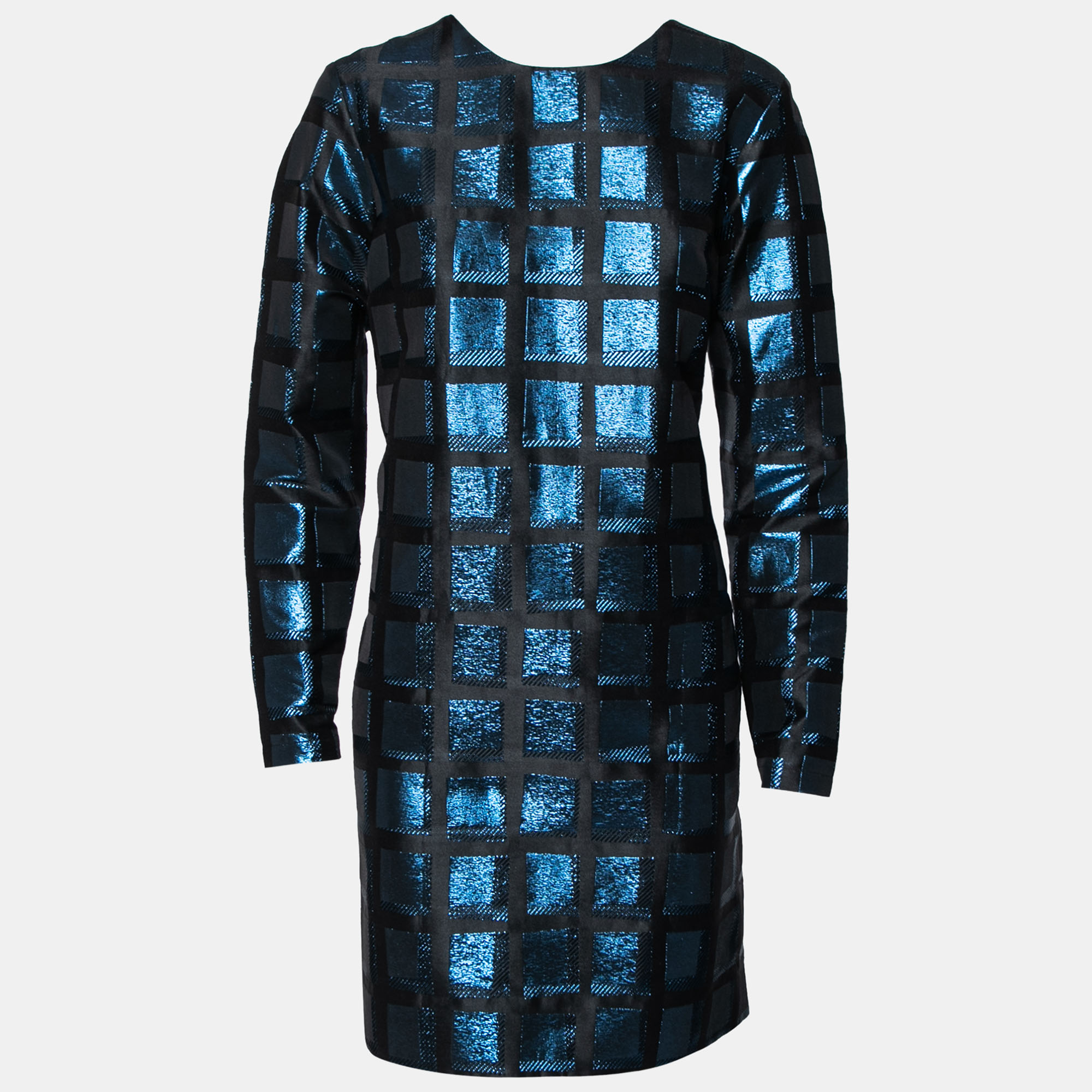 

Kenzo Blue-Black Metallic Square Jacquard Long Sleeve Shift Dress