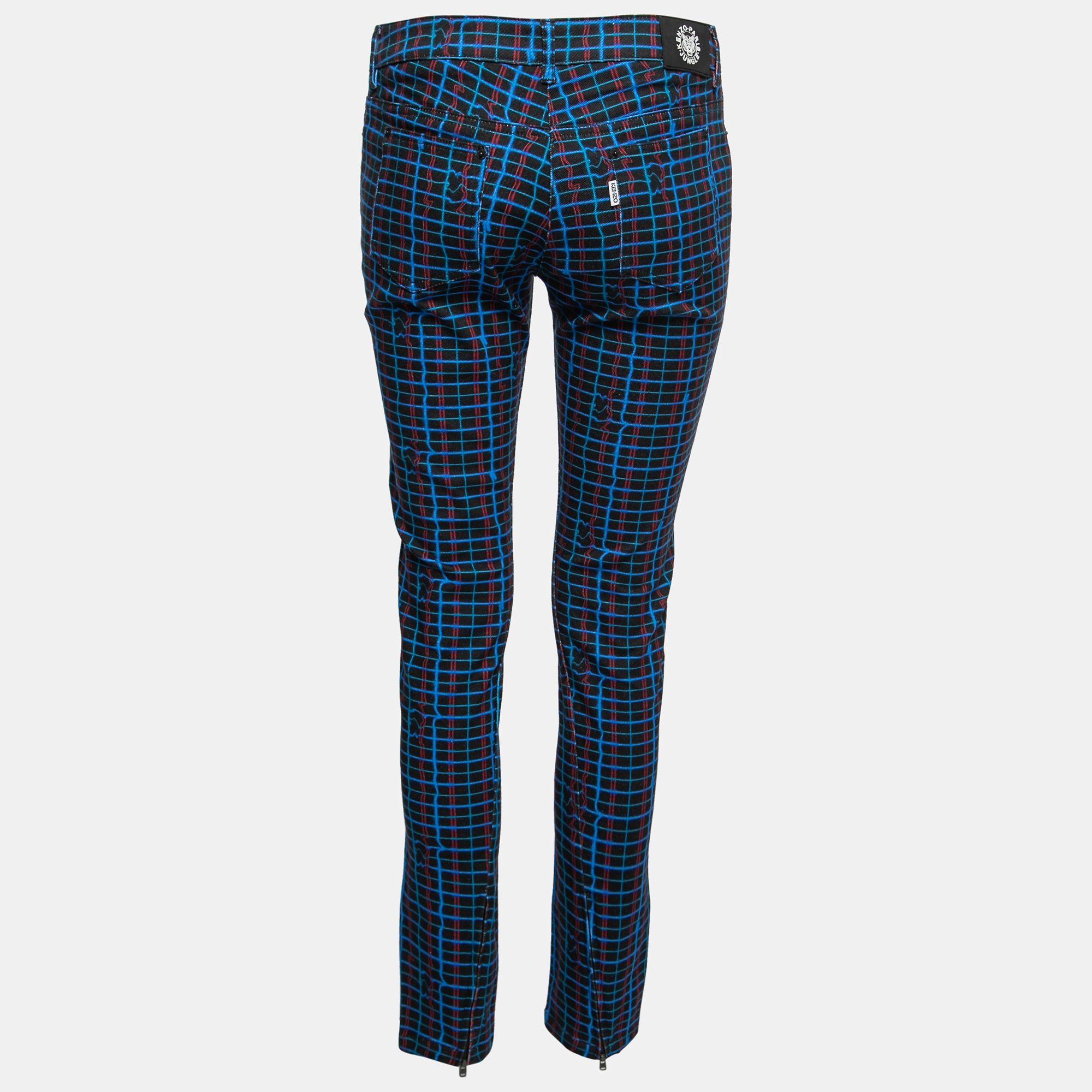 

Kenzo Black Laser Check Print Stretch Cotton Tapered Pants