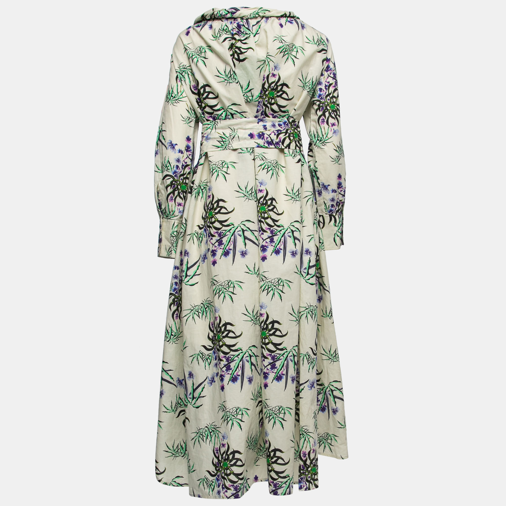 

Kenzo Cream Floral Printed Cotton & Linen Belted Maxi Dress