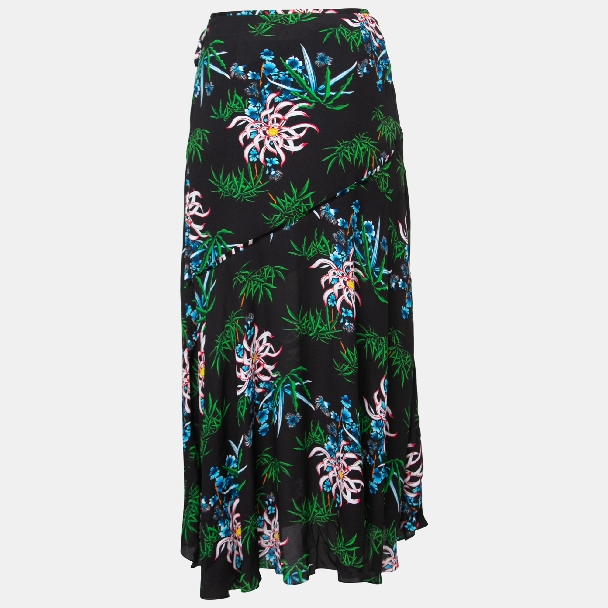 

Kenzo Black Floral Printed Crepe Ruffled Midi Skirt