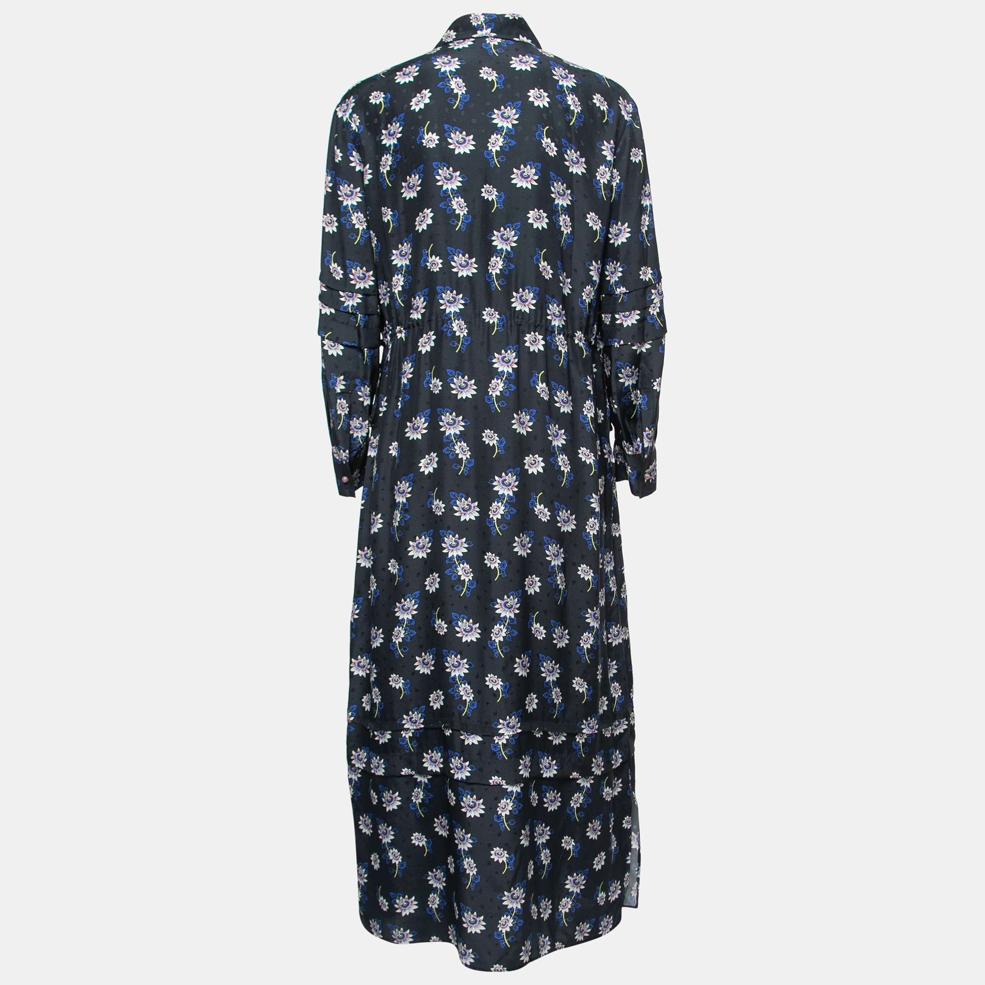 

Kenzo Navy Blue Floral Printed Silk Shirt Maxi Dress