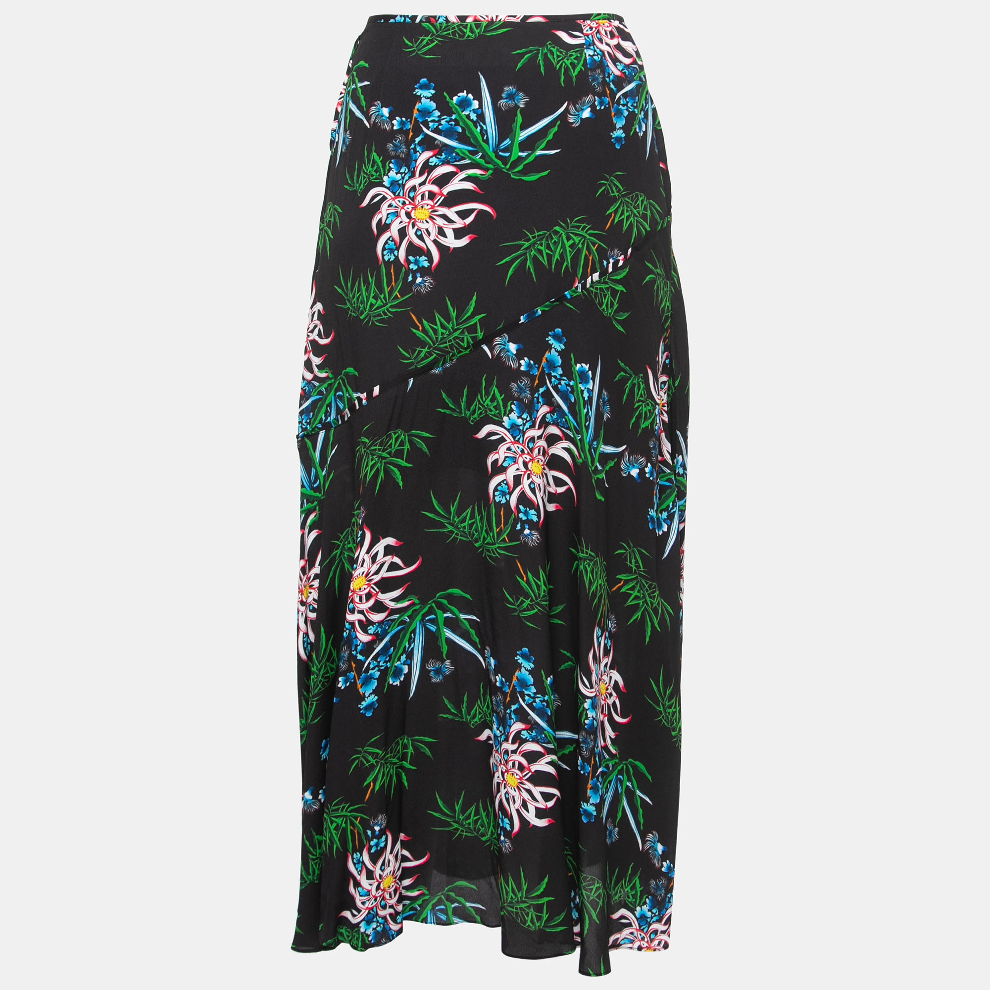 

Kenzo Black Floral Printed Crepe Ruffled Midi Skirt