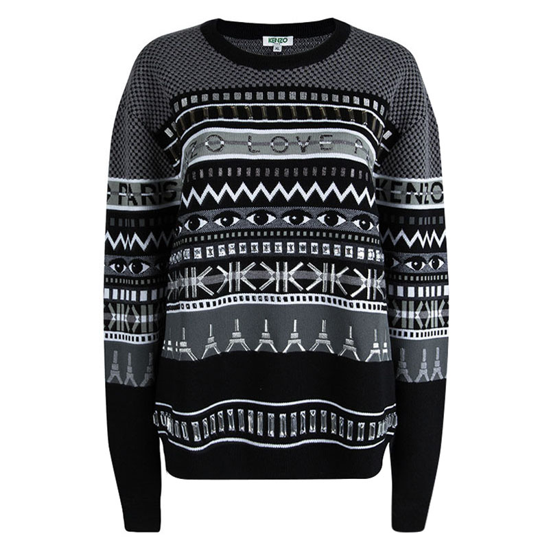 Pre Owned بلوفر كينزو صوف مطرز مخطط عيون XL