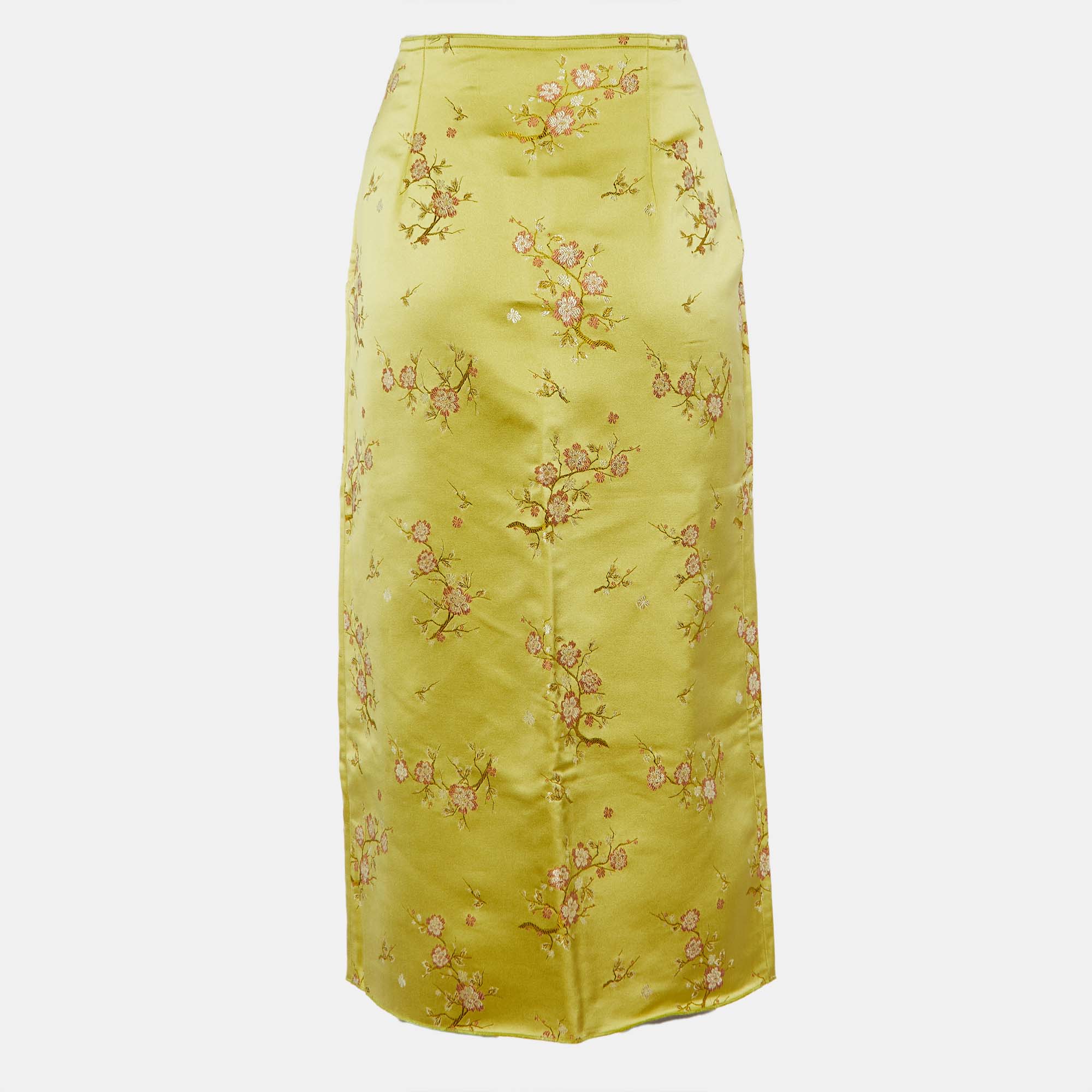 

Kenzo Green Floral Jacquard Satin Slit Detail Midi Skirt