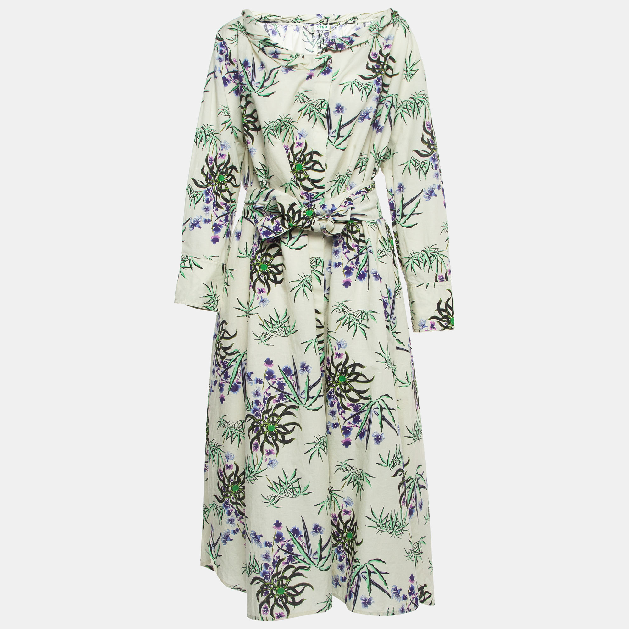 

Kenzo Off White Floral Print Cotton & Linen Belted Maxi Dress
