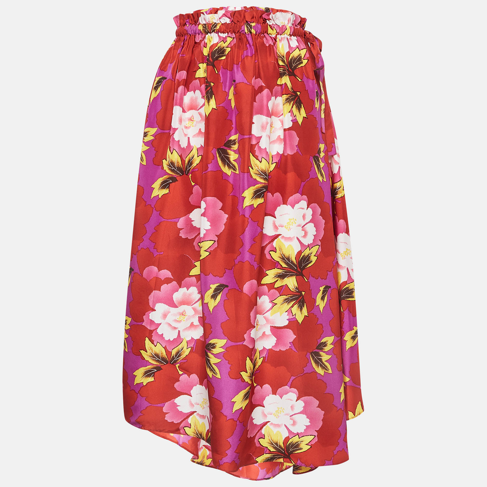 

Kenzo Red Floral Print Silk Asymmetric Midi Skirt
