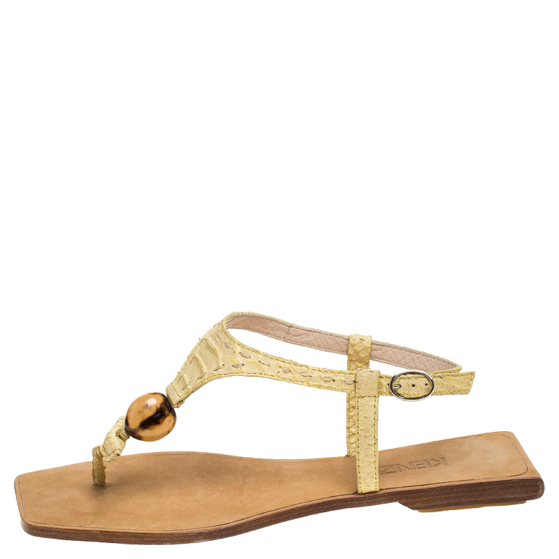 

Kenzo Yellow Embossed Python Leather Ankle Strap Flat Sandals Size