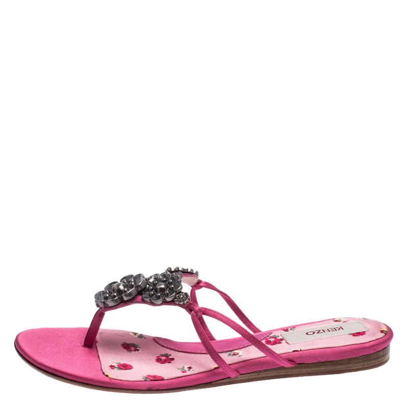 

Kenzo Pink Satin Embellished Thong Flat Sandals Size