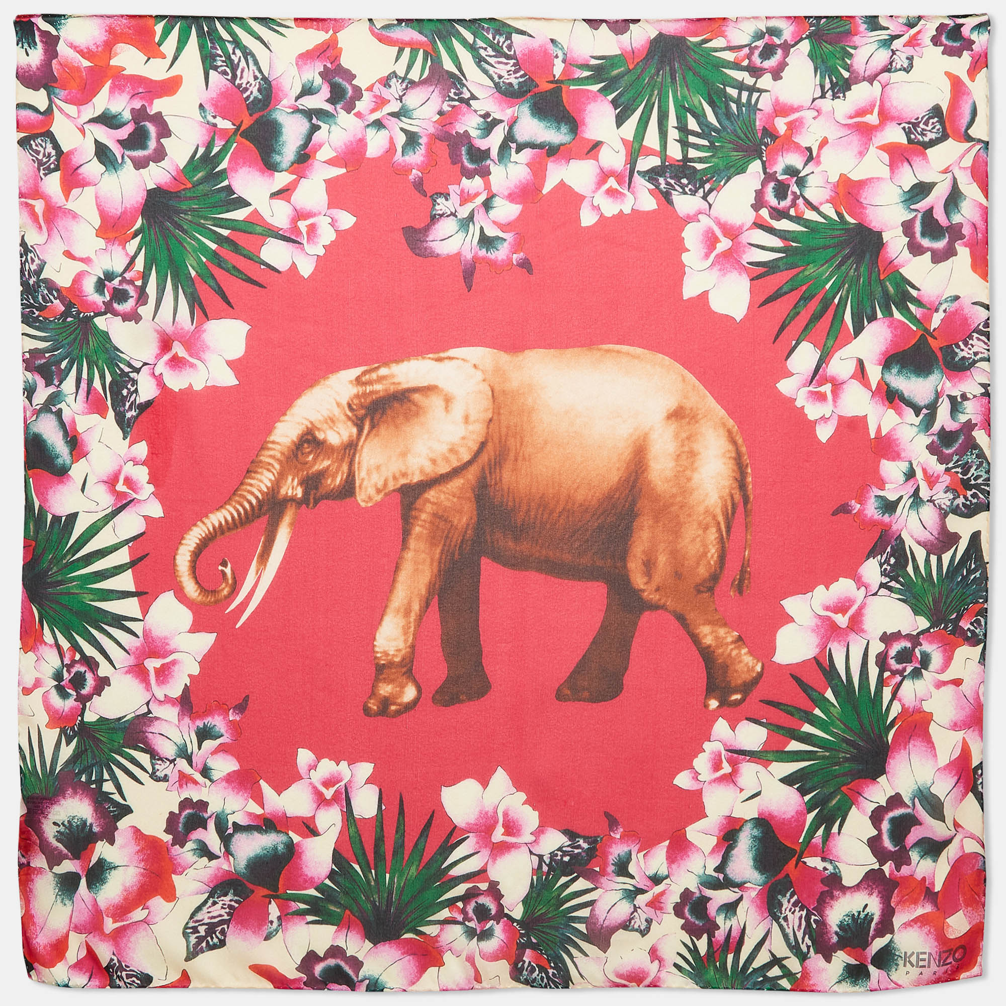 

Kenzo Pink Elephant and Floral Print Silk Scarf