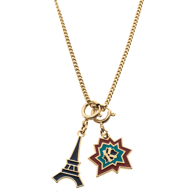 Kenzo Enamel Gold Tone Dual Charm Chain Necklace