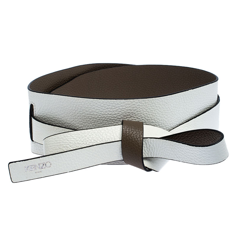 Pre Owned Kenzo White/Brown Leather Reversible Wrap Waist Belt