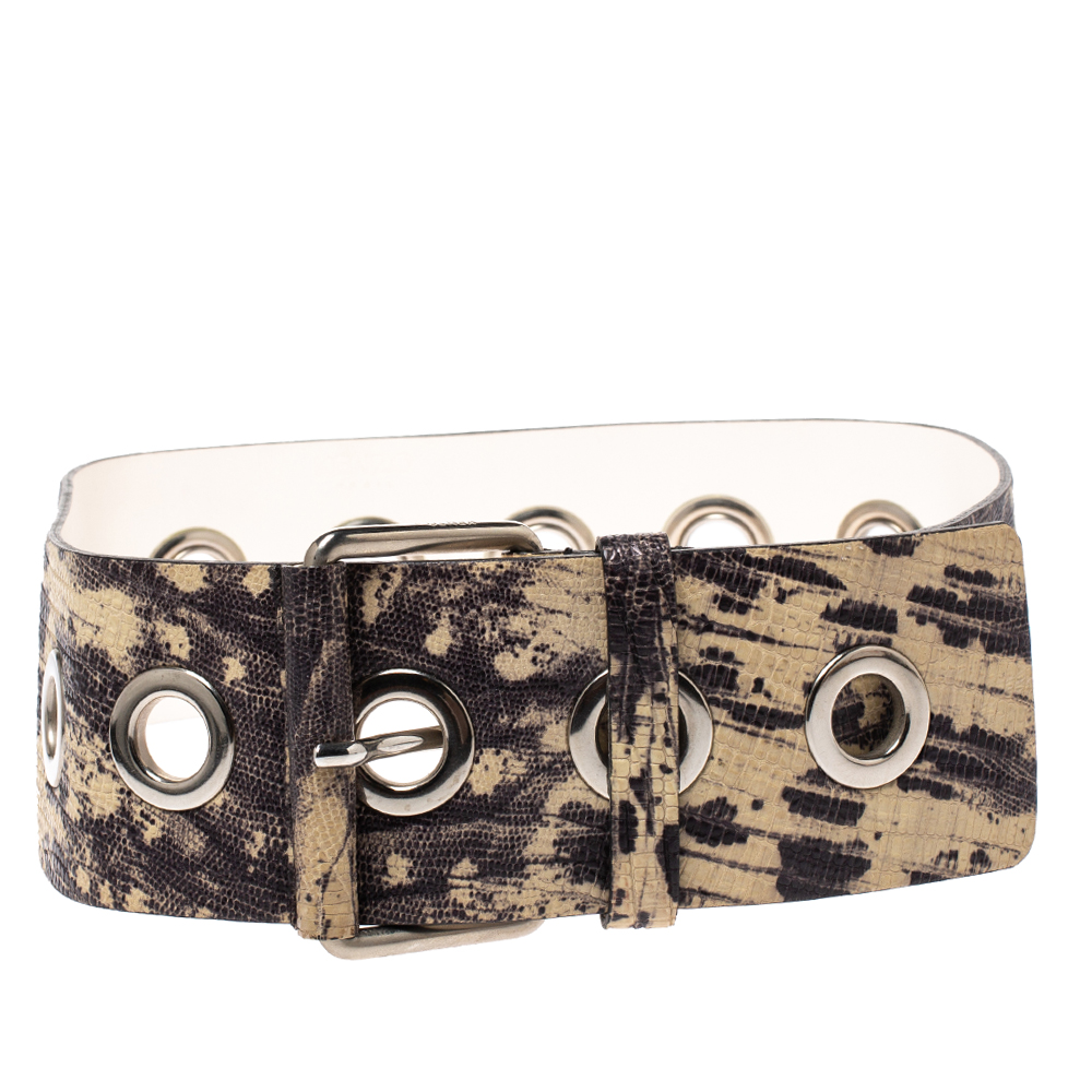 Pre Owned Kenzo Beige/Black Lizard Embossed Leather Waist Belt 85CM
