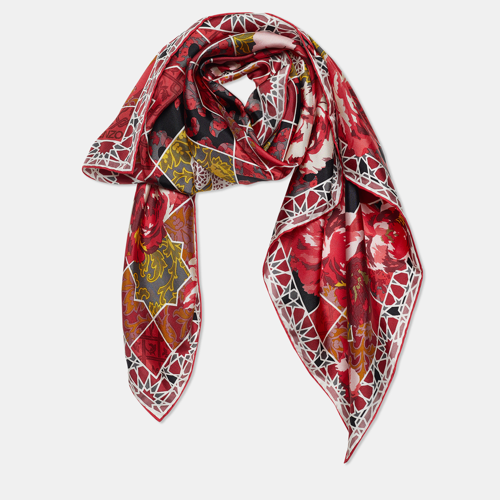 

Kenzo Red Floral Print Silk Square Scarf