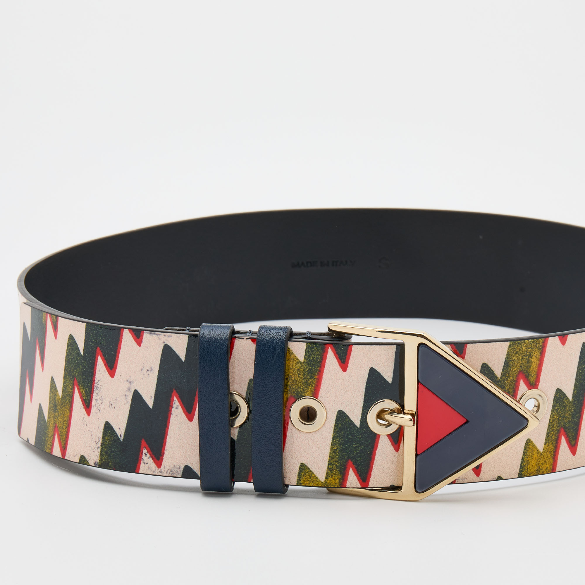 

Kenzo Multicolor Print Patenr Leather Triangle Buckle Belt