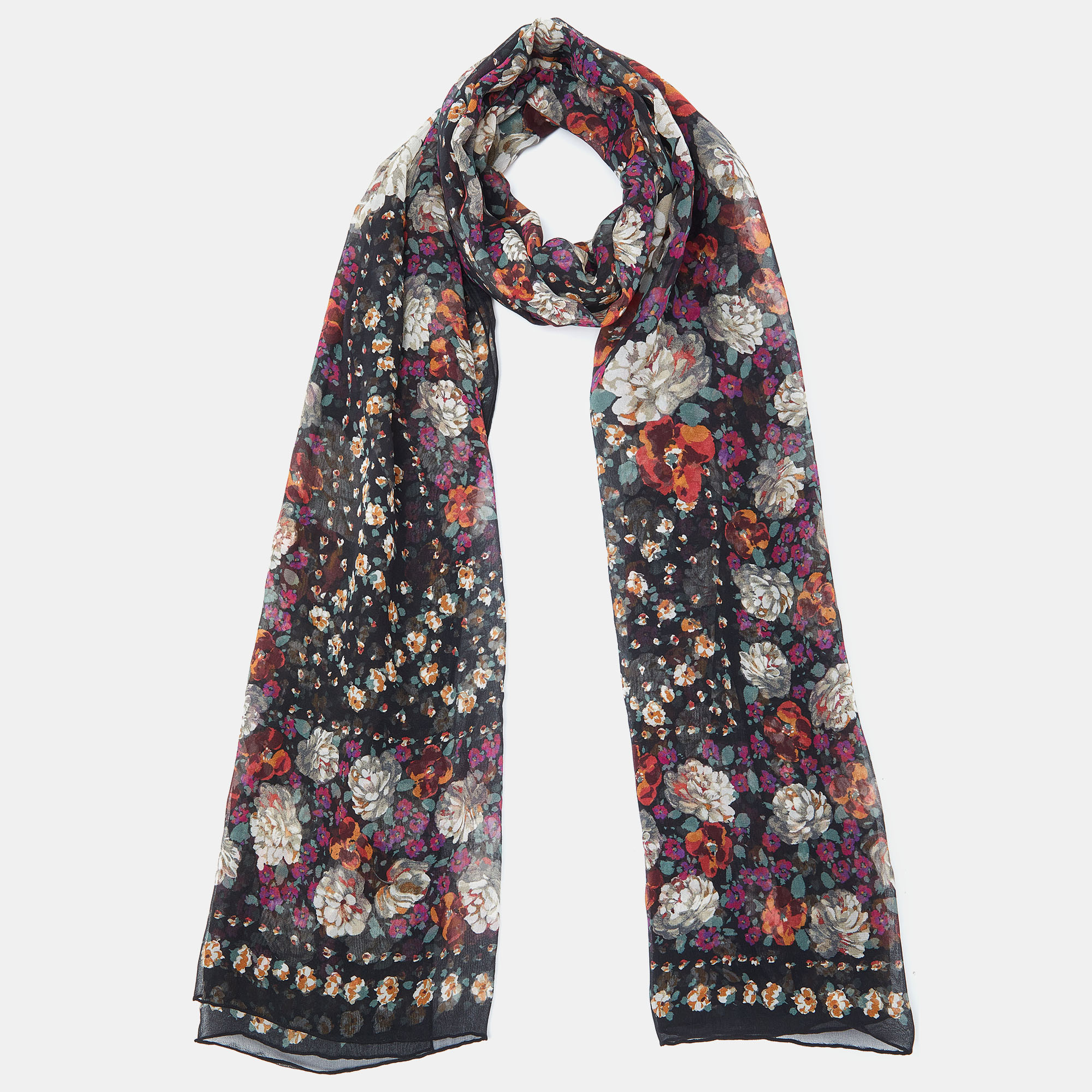 

Kenzo Black Floral Printed Silk Scarf