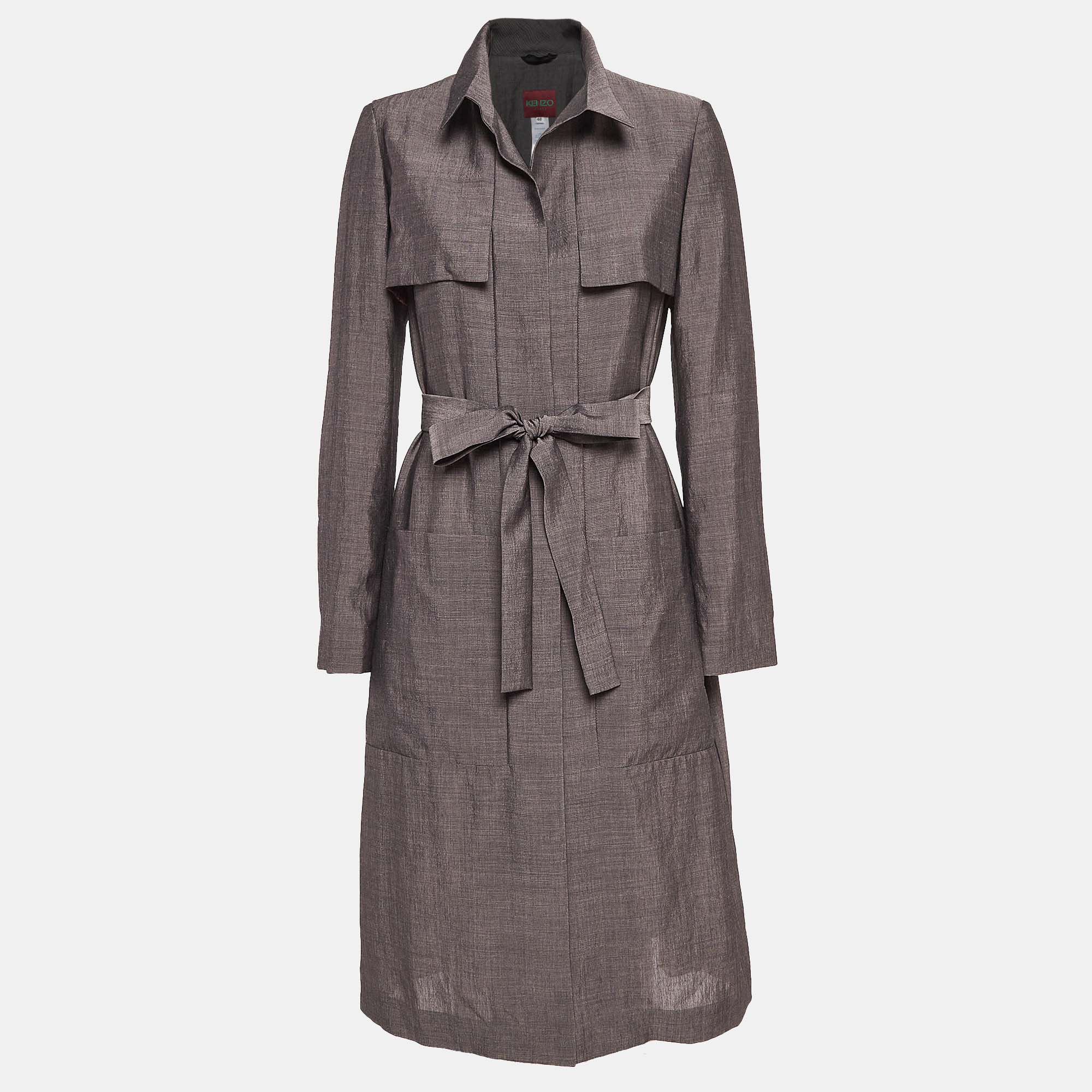 

Kenzo Grey Wool Blend Belted Mid-Length Coat M