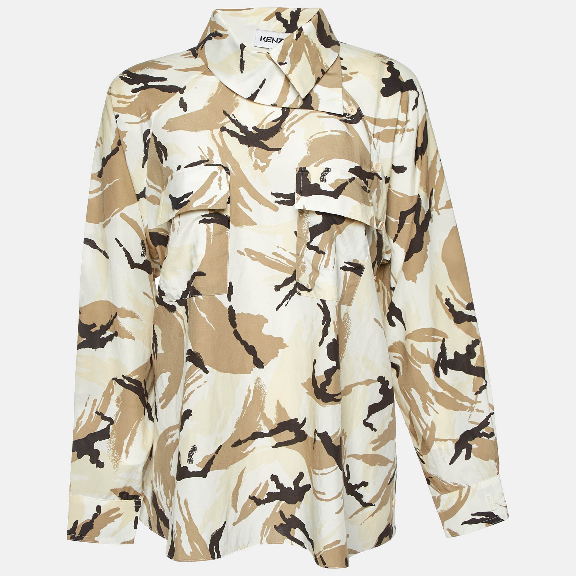 

Kenzo Beige Camouflage Print Silk Blend Asymmetric Shirt S