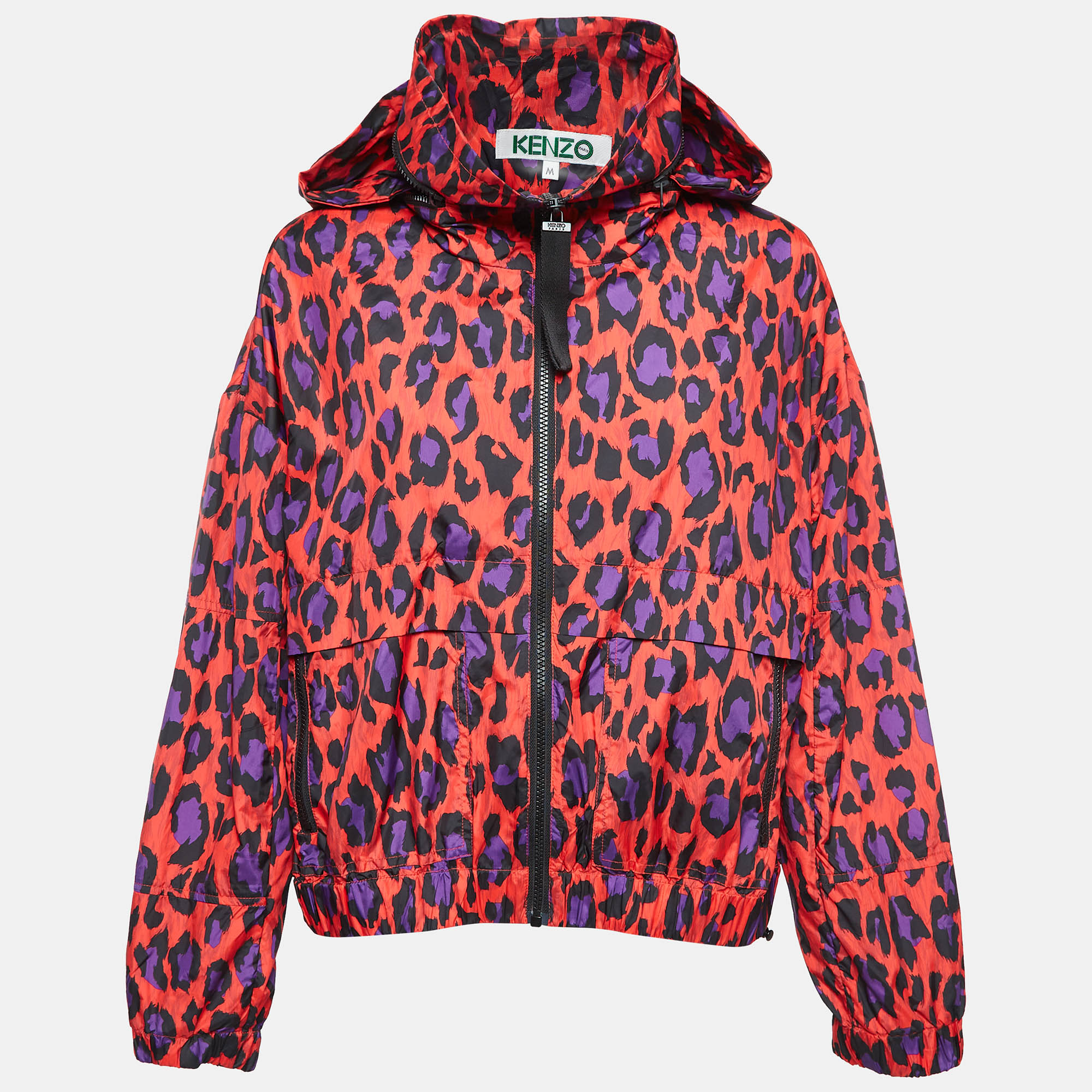 

Kenzo Red Animal Print Synthetic Zip-Up Hooded Coat M