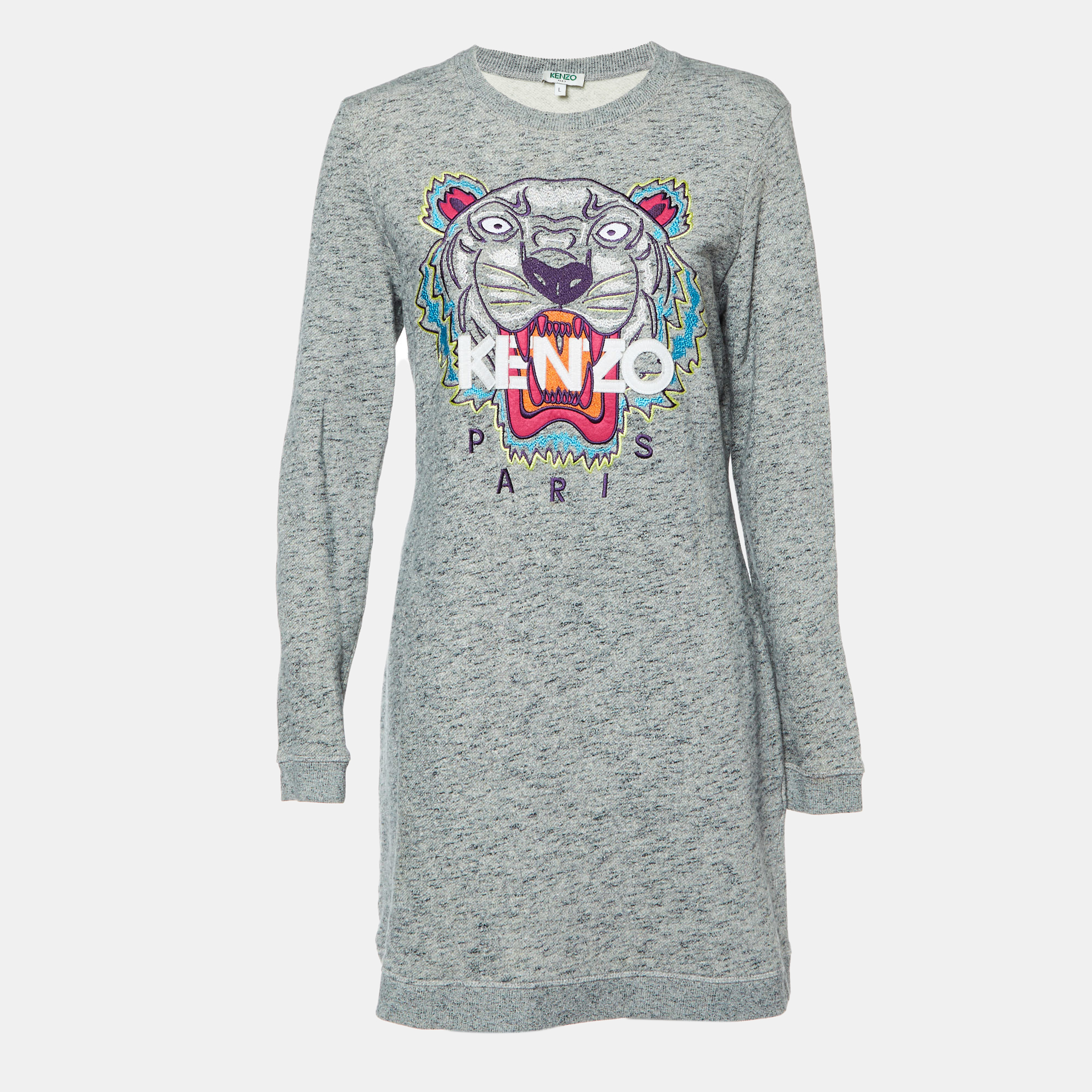 

Kenzo Grey Melange Knit Tiger Embroidered Sweater Dress L