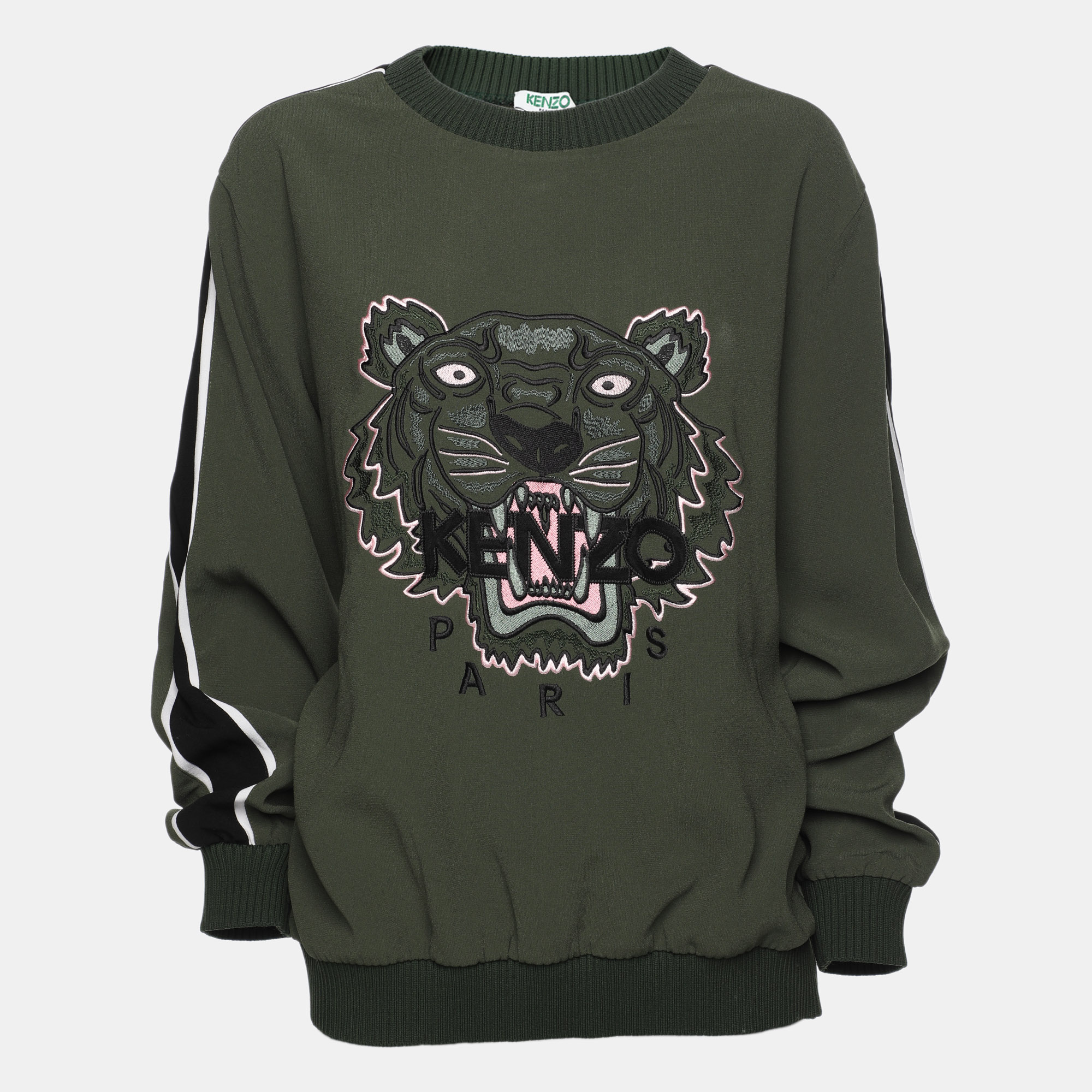 Pre-owned Kenzo Olive Green Crepe Tiger Motif Detail Sweatshirt L