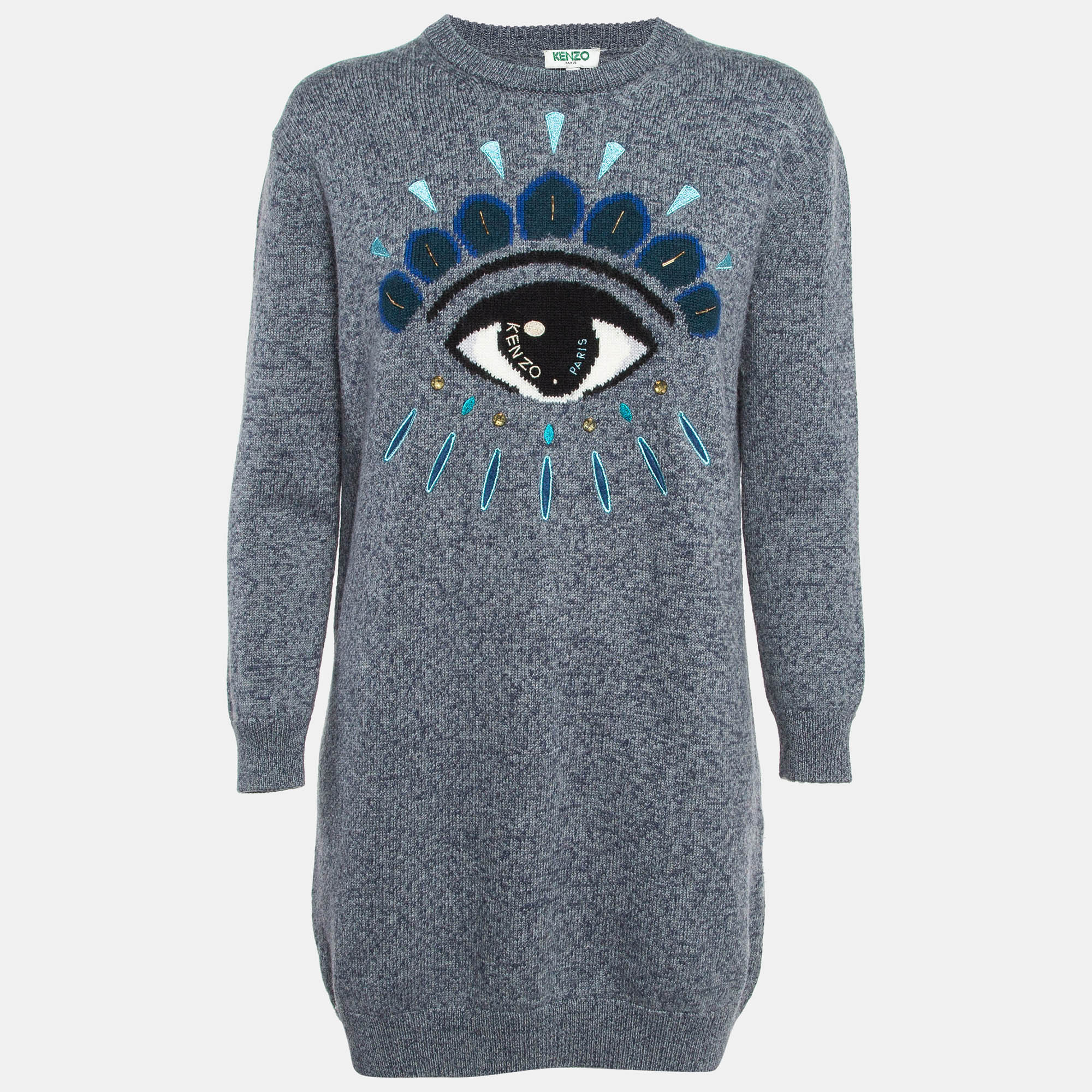 Pre-owned Kenzo Grey Eye Pattern And Embroidered Knit Sweater S