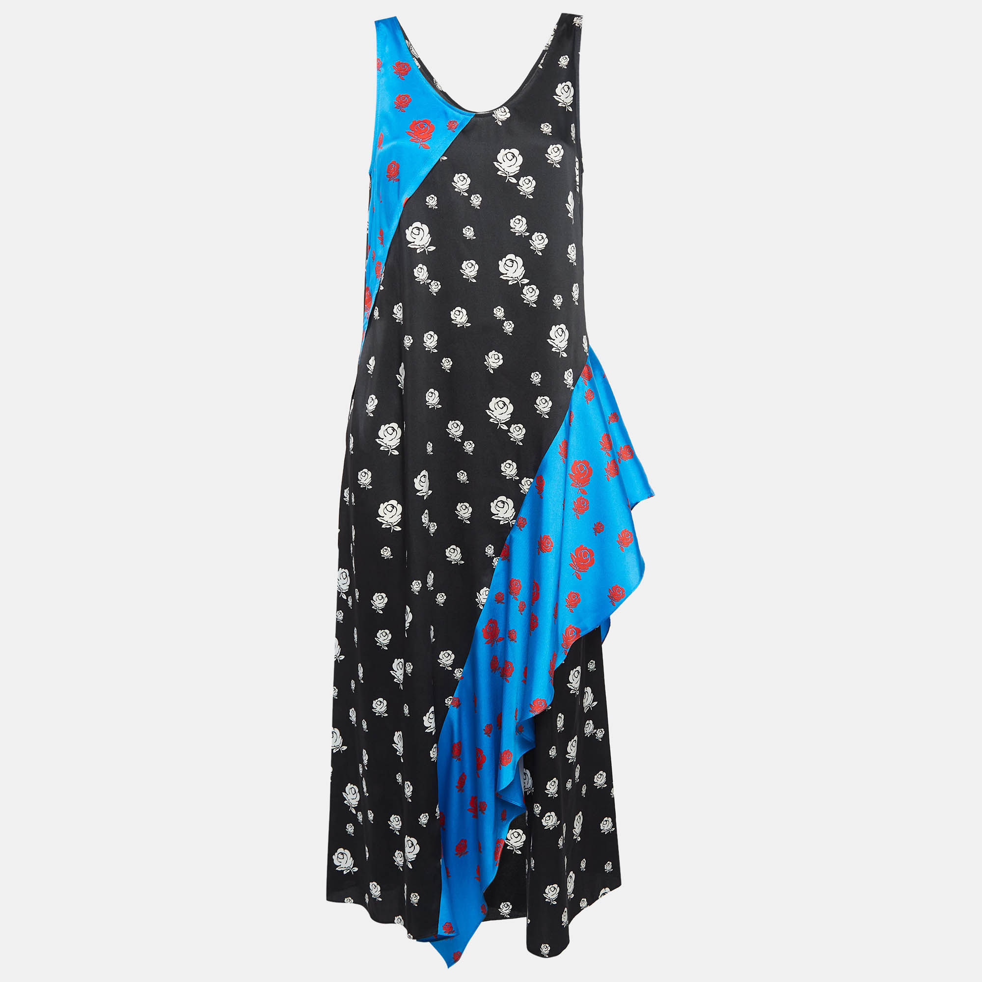 

Kenzo Blue/Black Rose Print Crepe Ruffled Midi Dress M