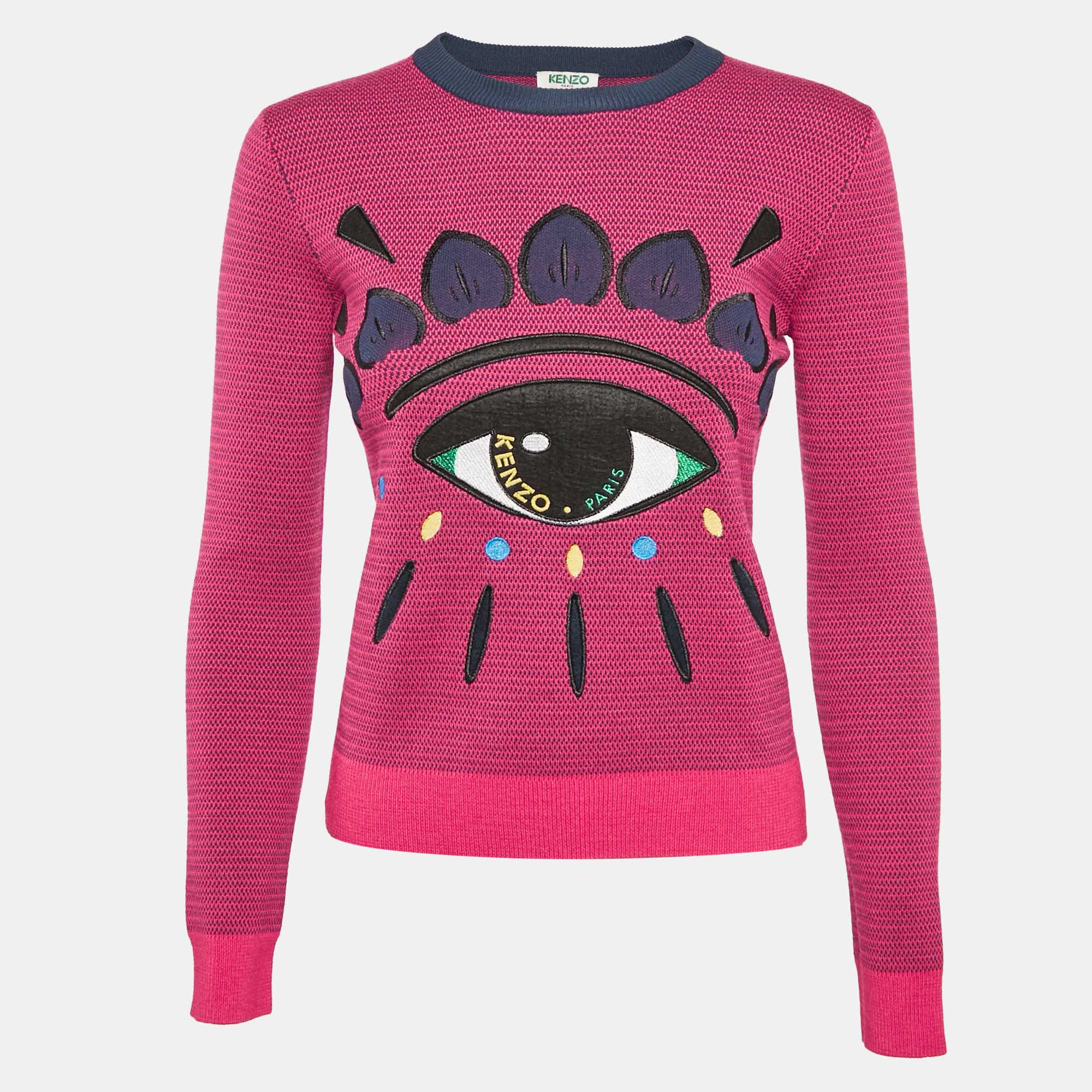 

Kenzo Pink Logo Eye Embroidered Wool Knit Crew Neck Sweater XS