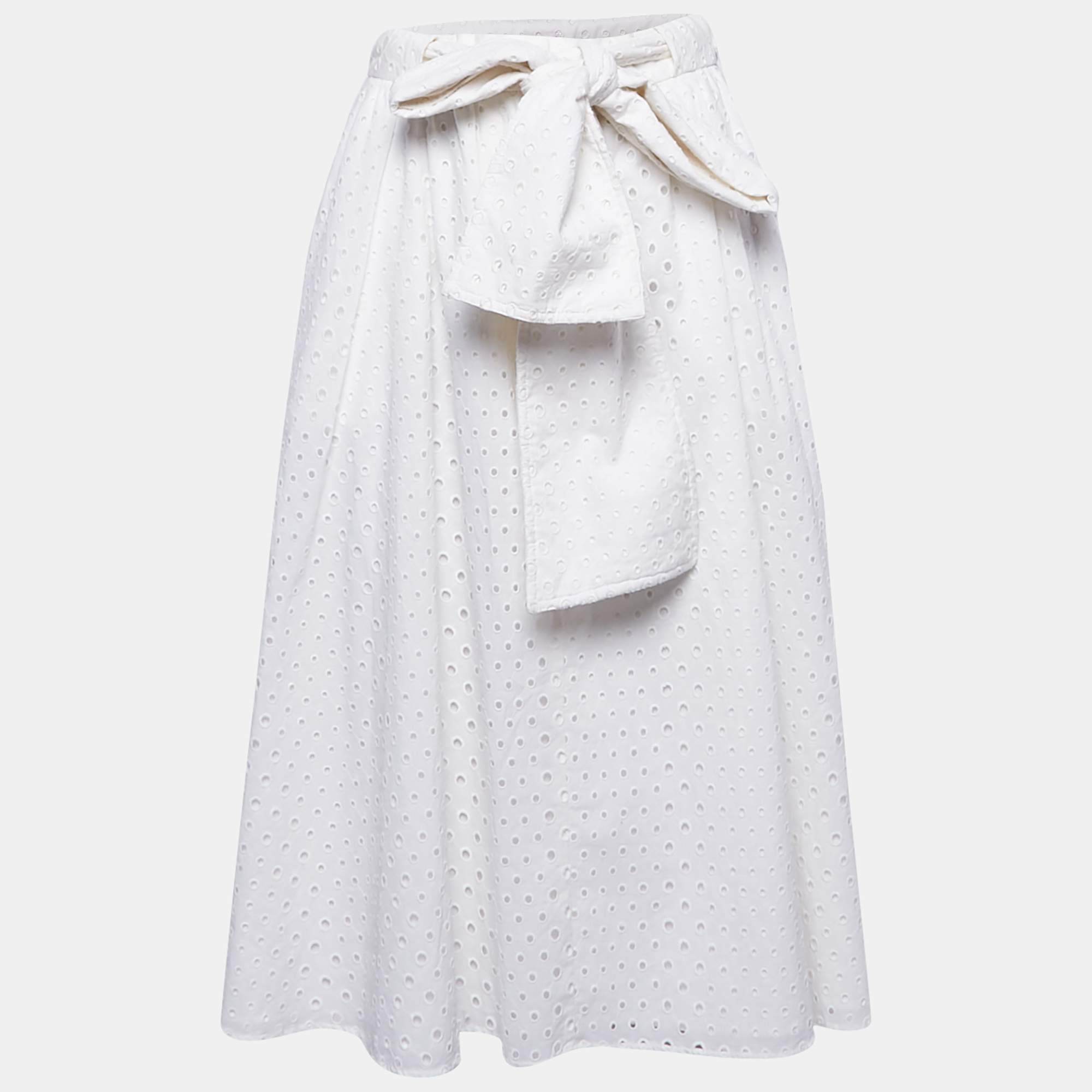 

Kenzo White Broderie Anglaise Cotton Belted Midi Skirt S