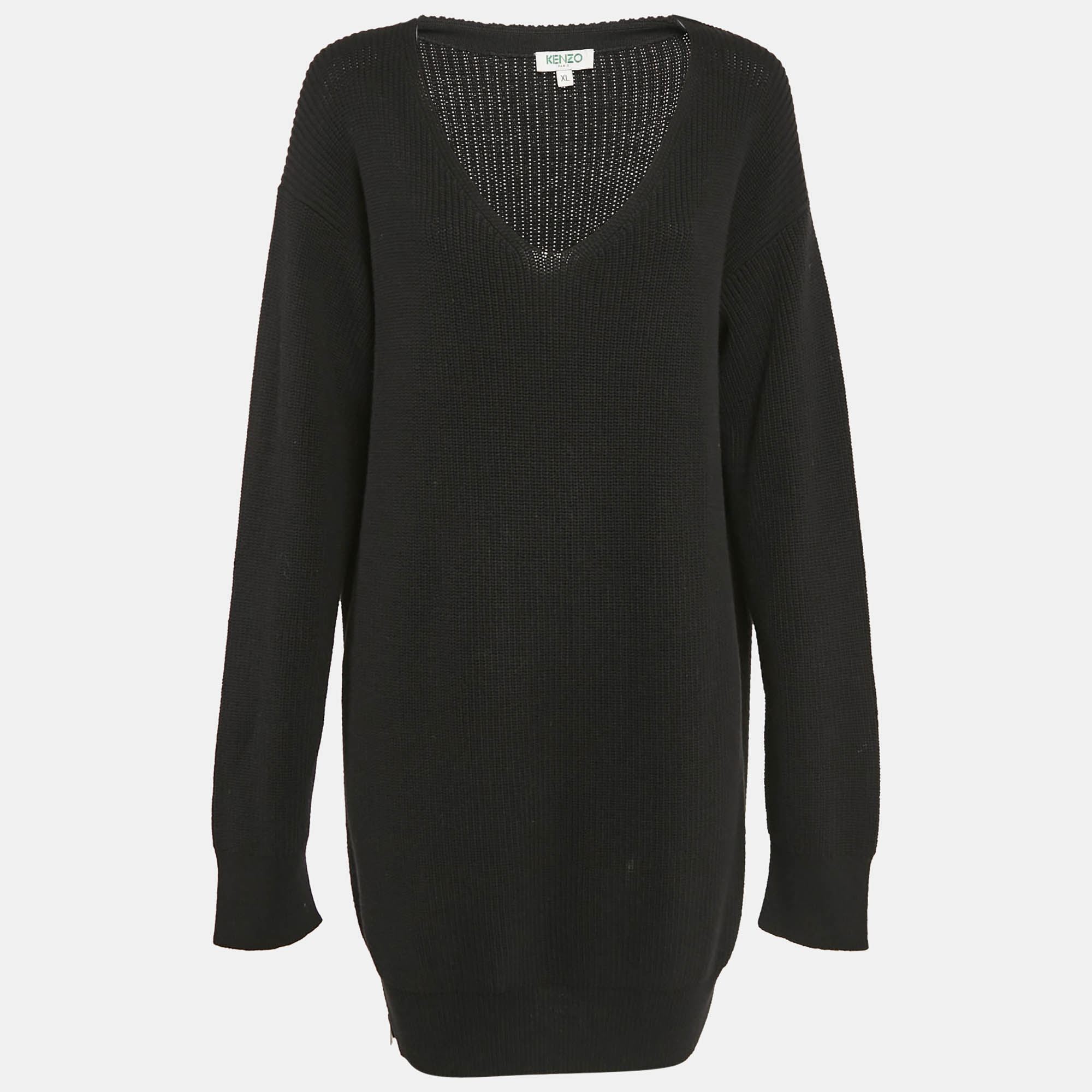 

Kenzo Black Rib Knit Zipper Detail V-Neck Sweater Dress XL