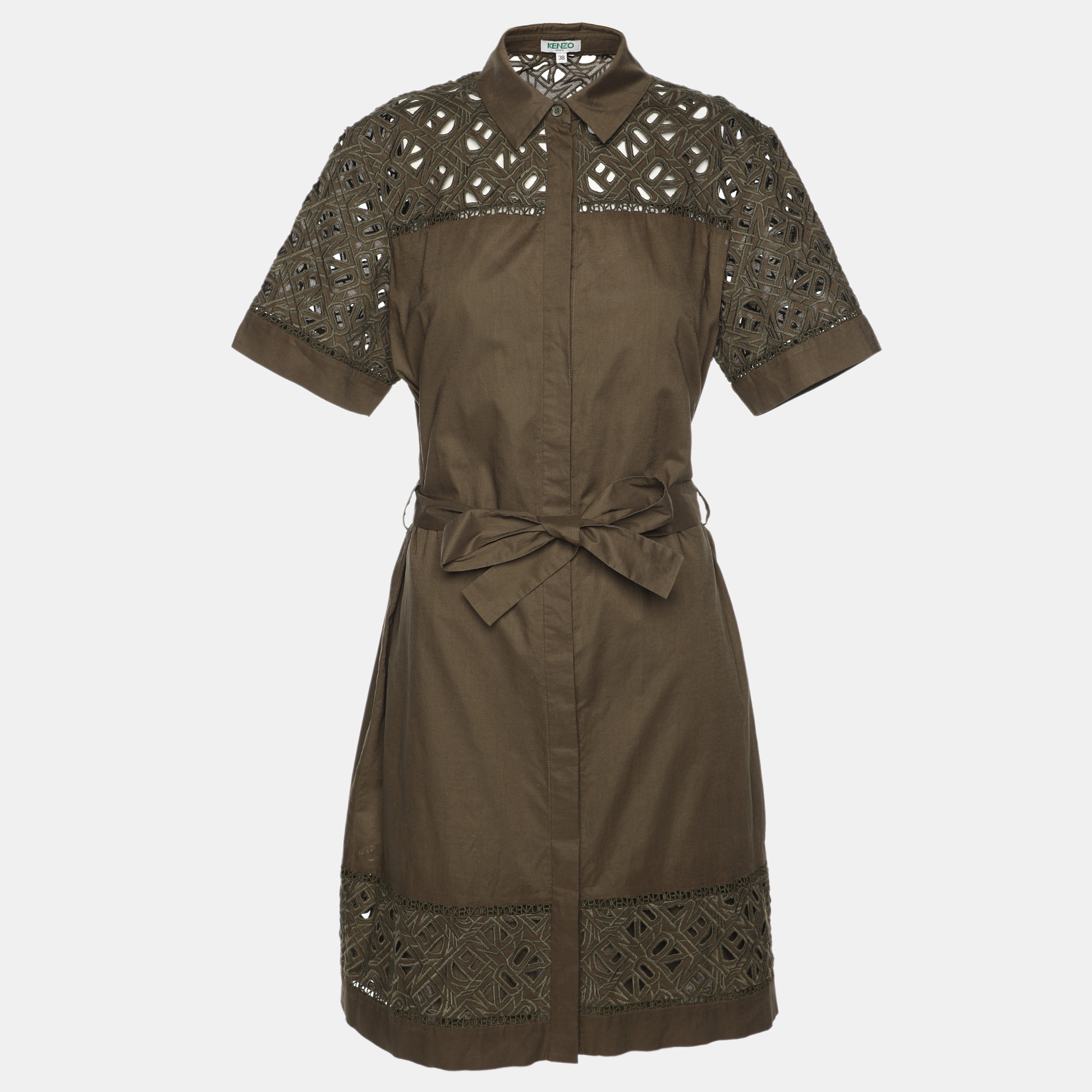 

Kenzo Olive Green Cotton Poplin Lace Detailed Short Sleeve Dress M