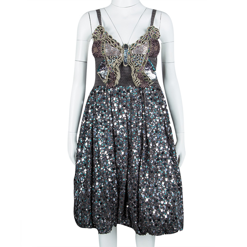 

Kenzo SS'09 RTW Grey Crochet Knit Butterfly Embellished Sleeveless Dress