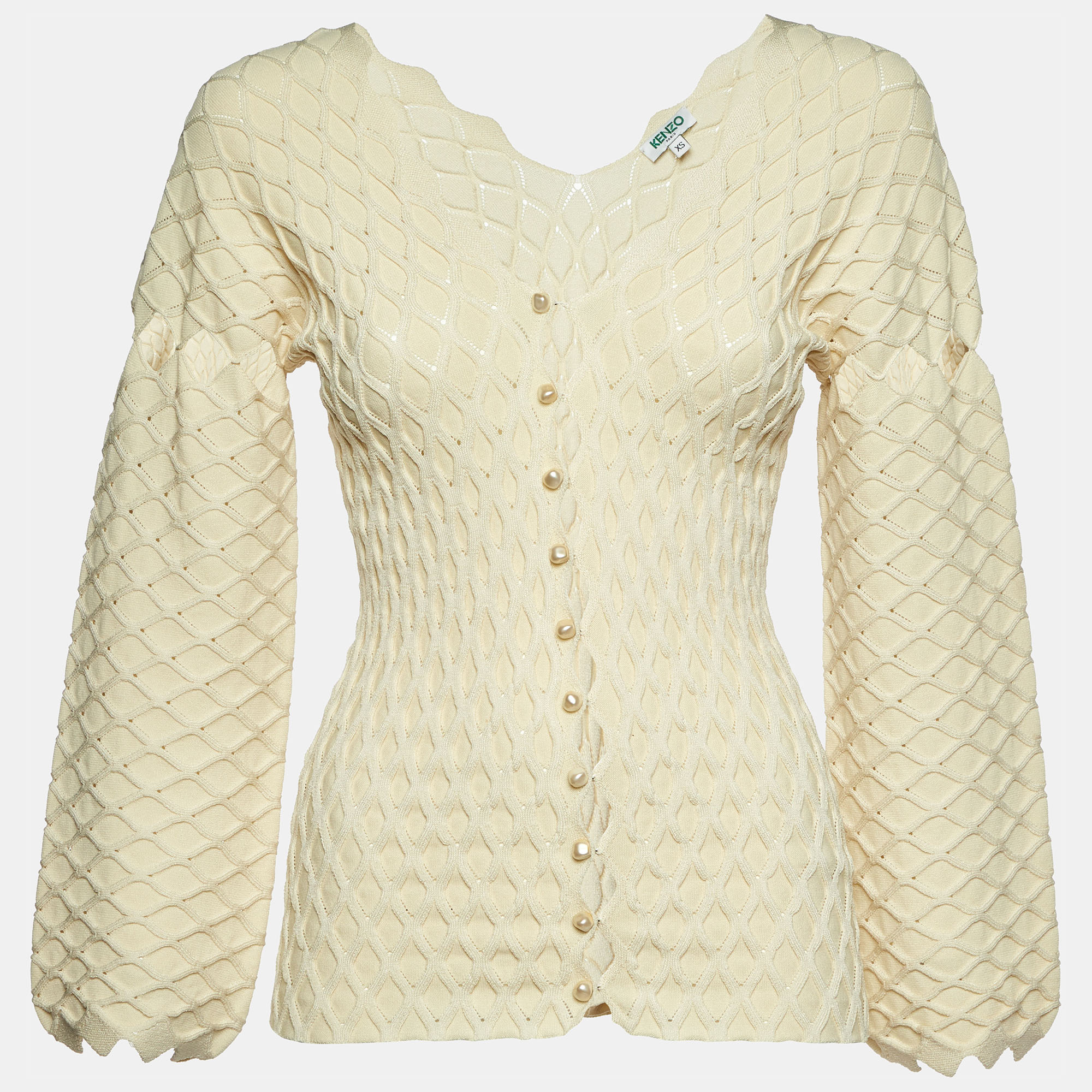 

Kenzo Patterned Knit Pearl Button Front Cardigan XS, Cream